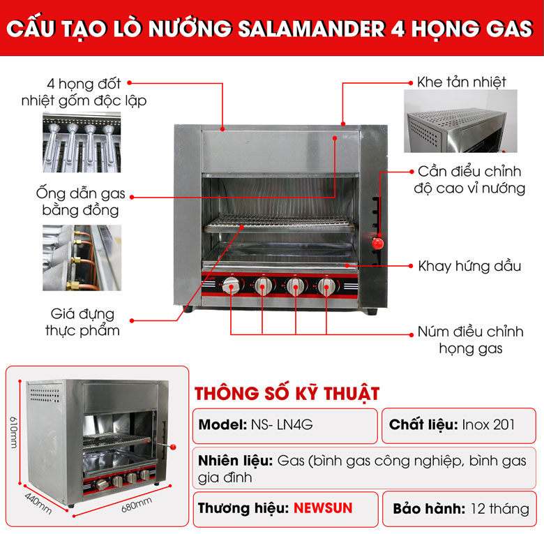 Cấu tạo lò nướng salamander 4 họng gas Cấu tạo lò nướng salamander 4 họng gas