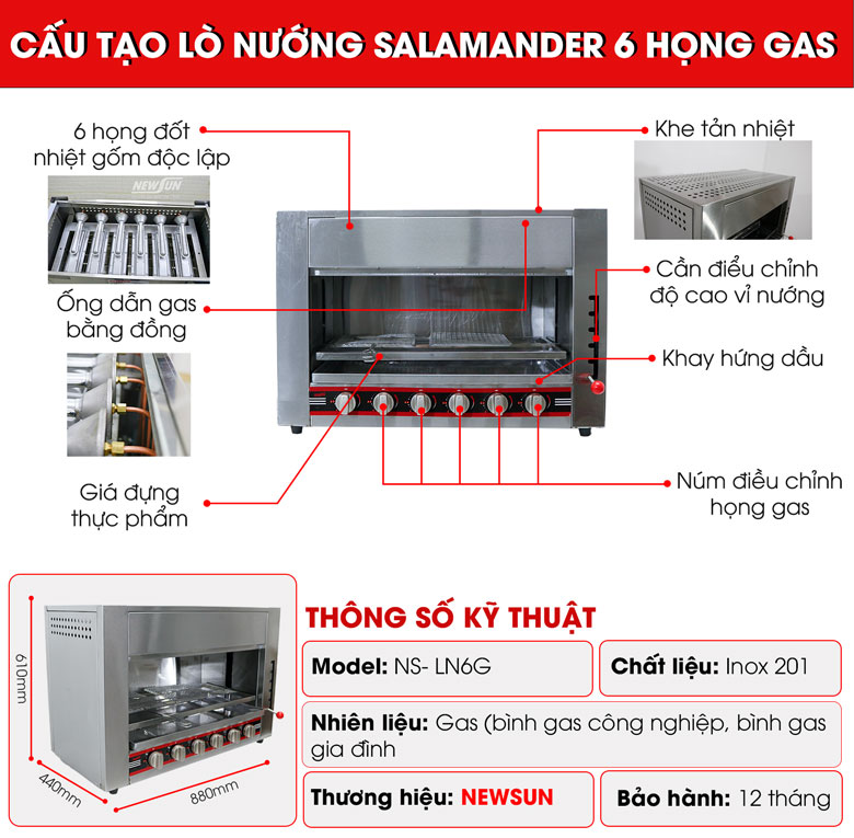 Cấu tạo lò nướng salamander 6 họng gas Cấu tạo lò nướng salamander 6 họng gas