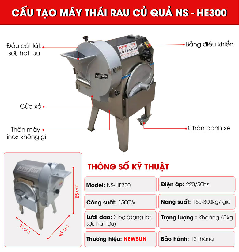 Chi tiết cấu tạo của máy thái rau củ quả HE300