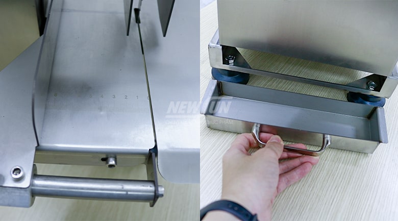 Thanh đo điều chỉnh độ dày lát cắt và khay hứng vụn xương Thanh đo điều chỉnh độ dày lát cắt và khay hứng vụn xương