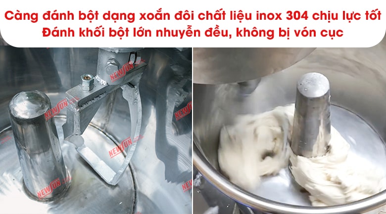Nhồi bột nhuyễn đều nhờ càng đánh bột thiết kế xoắn đôi Nhồi bột nhuyễn đều nhờ càng đánh bột thiết kế xoắn đôi