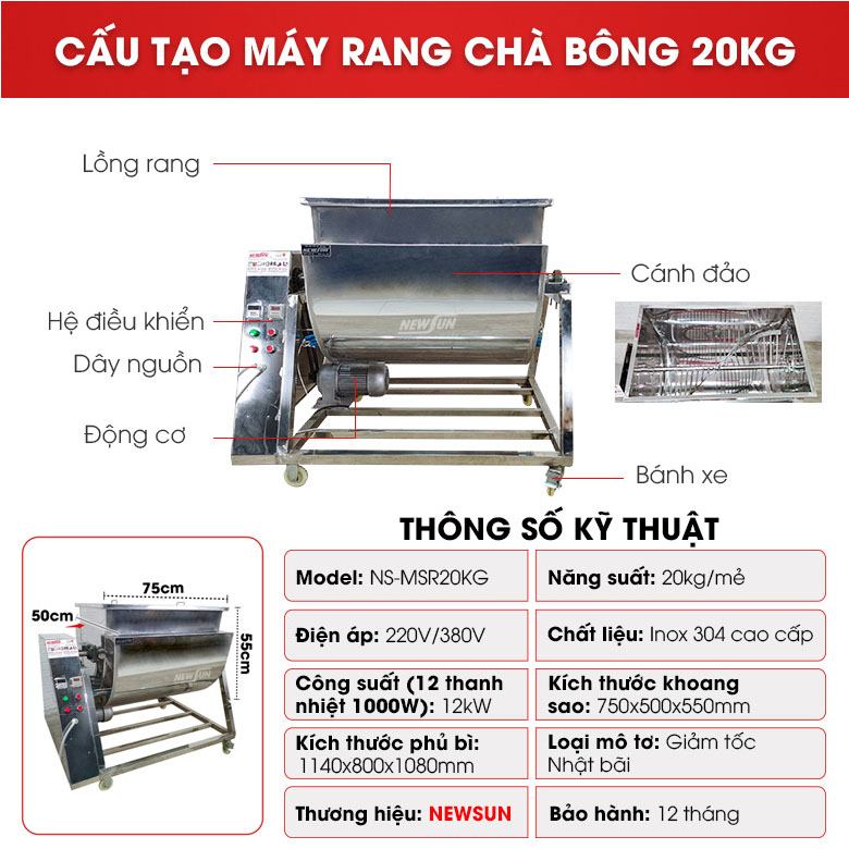 Cấu tạo máy rang chà bông 20kg