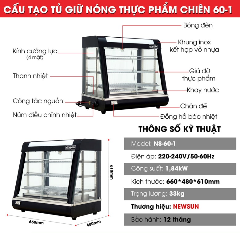 Cấu tạo tủ giữ nóng thức ăn kính phẳng NS 60-1