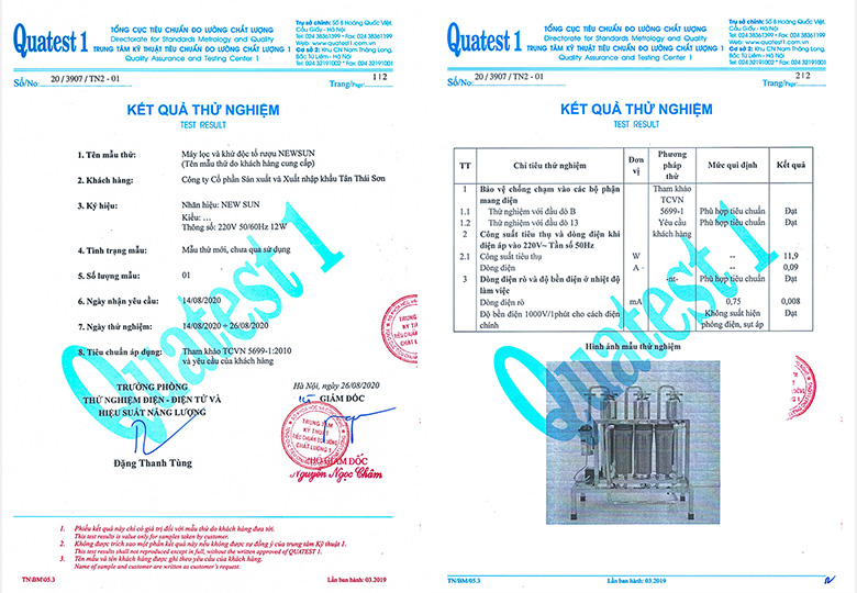 Chứng nhận chất lượng máy lọc rượu