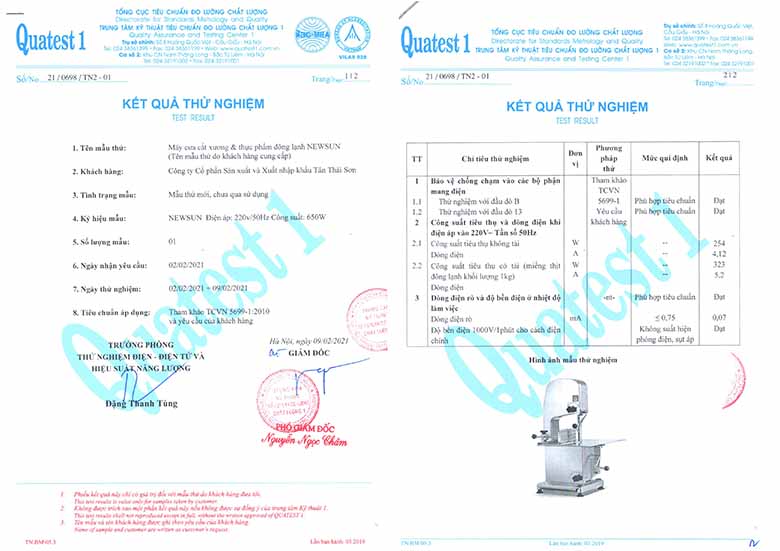 Giấy kiểm định chất lượng sản phẩm Máy cưa xương công nghiệp NEWSUN