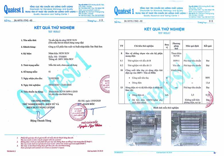 Kết quả thử nghiệm mẫu tủ nấu hấp đa năng NEWSUN Kết quả thử nghiệm mẫu tủ nấu hấp đa năng NEWSUN