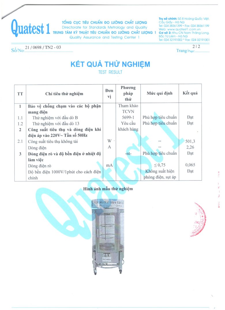 Kết quả thử nghiệm mẫu lò quay gà vịt Kết quả thử nghiệm mẫu lò quay gà vịt