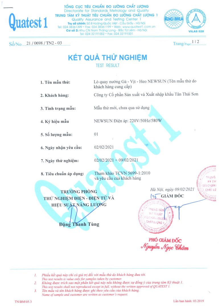 Kết quả thử nghiệm mẫu lò quay gà vịt Kết quả thử nghiệm mẫu lò quay gà vịt