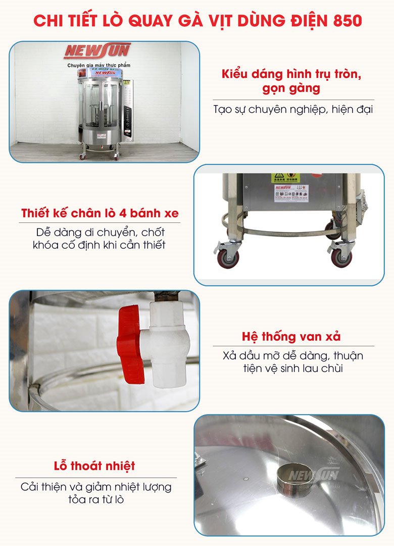 Các chi tiết thiết kế tối ưu của lò quay gà vịt dùng điện 850 Các chi tiết thiết kế tối ưu của lò quay gà vịt dùng điện 850