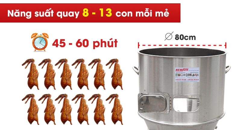 Năng suất quay lớn từ 8-13 con/mẻ, đảm bảo gà vịt chín đều thơm ngon