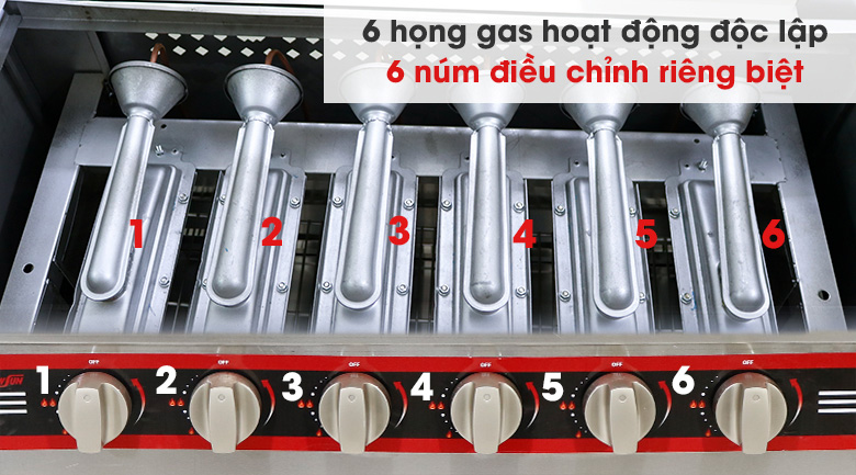 Tiết kiệm nhiên liệu nhờ 6 họng đốt gas hoạt động độc lập Tiết kiệm nhiên liệu nhờ 6 họng đốt gas hoạt động độc lập