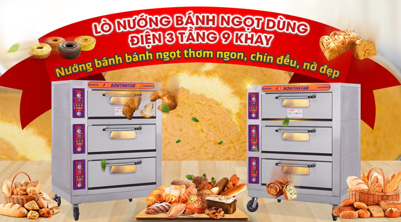Lò nướng bánh ngọt dùng điện 3 tầng 9 khay Lò nướng bánh ngọt dùng điện 3 tầng 9 khay