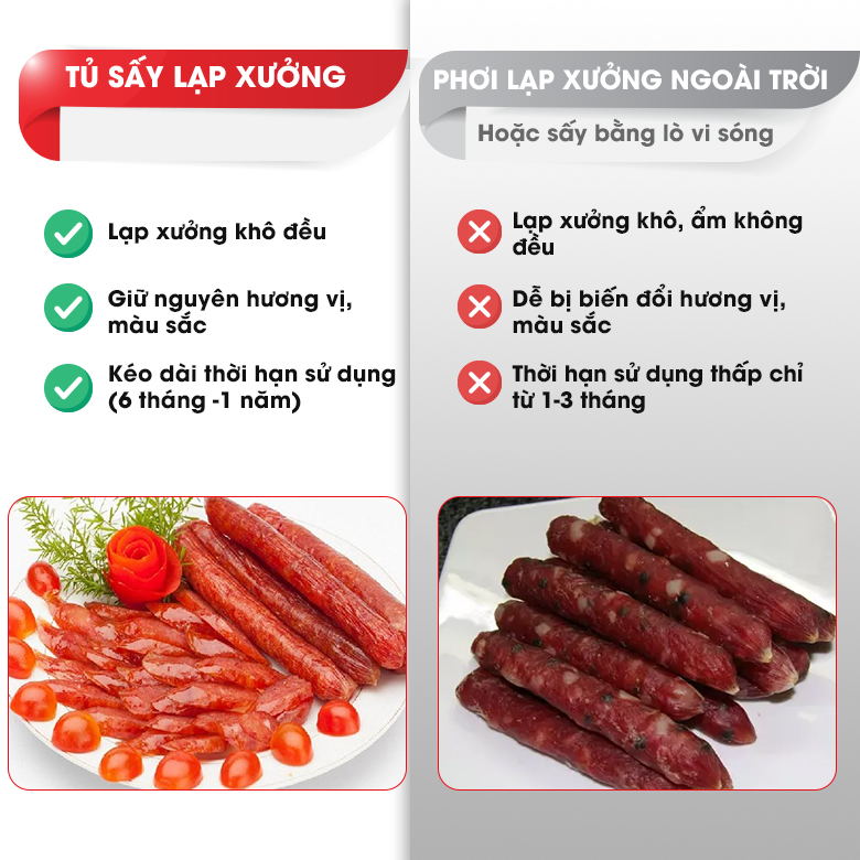 So sánh hiệu quả khi sử dụng tủ sấy lạp xưởng và phương pháp phơi lạp xưởng ngoài trời