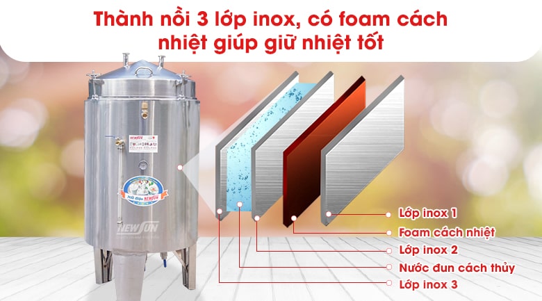 Thành nồi cấu tạo 3 lớp inox dày dặn, giữ nhiệt tốt