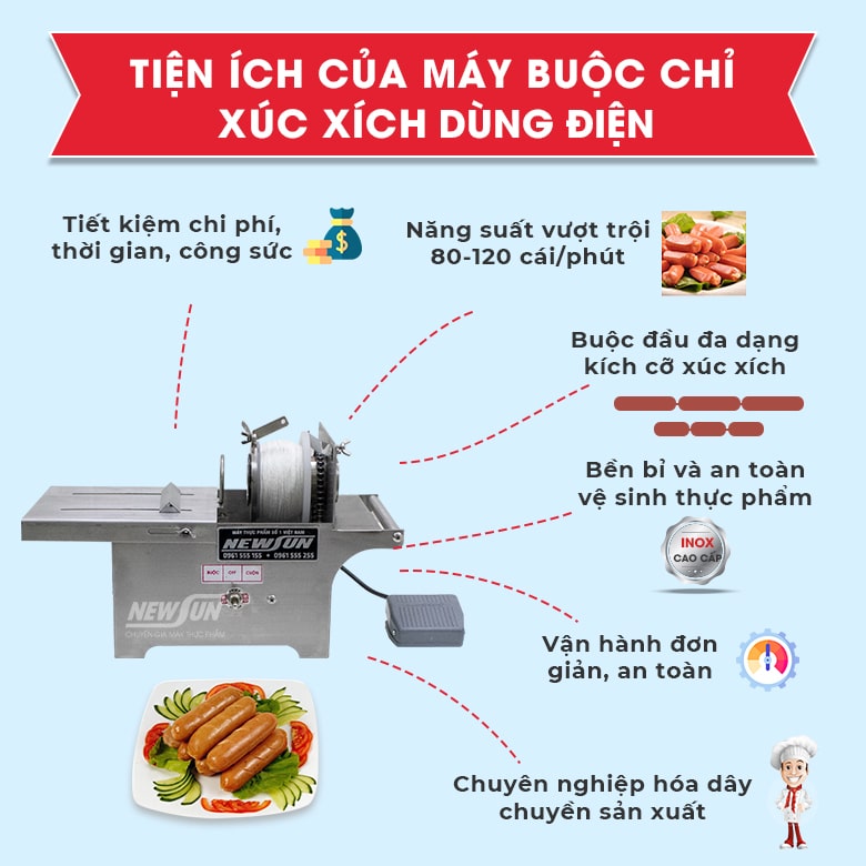 Tiện ích của máy buộc chỉ xúc xích dùng điện Tiện ích của máy buộc chỉ xúc xích dùng điện