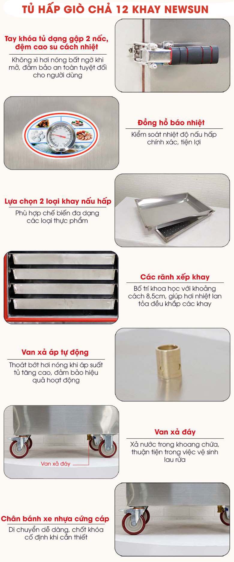 Tủ hấp giò chả 12 khay và một vài chi tiết thiết kế tối ưu khác