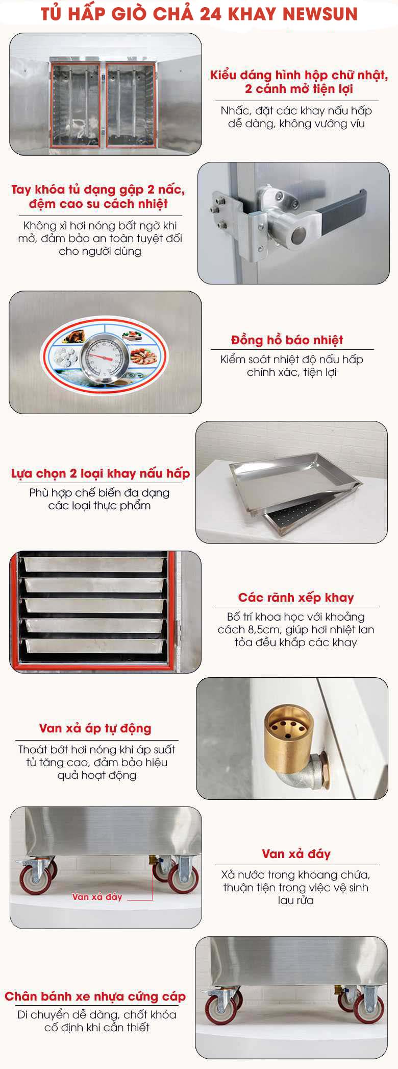 Tủ hấp giò chả 24 khay và một vài chi tiết thiết kế tối ưu khác