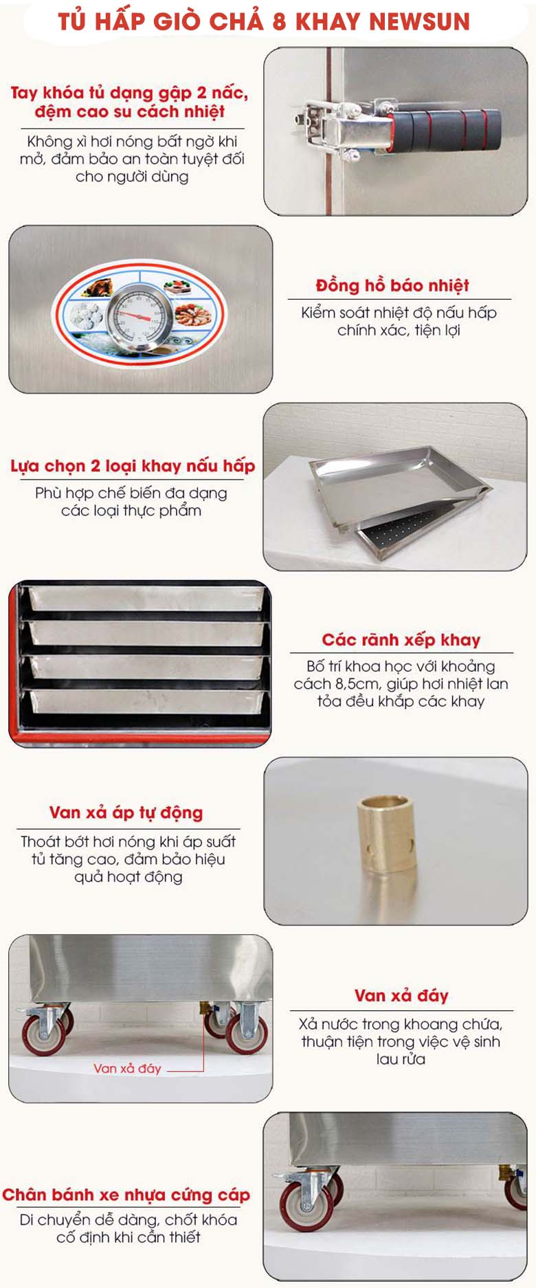 Tủ hấp giò chả 8 khay và một vài chi tiết thiết kế tối ưu khác