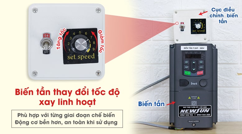 Trang bị biến tần giúp thay đổi tốc độ xay linh hoạt Trang bị biến tần giúp thay đổi tốc độ xay linh hoạt