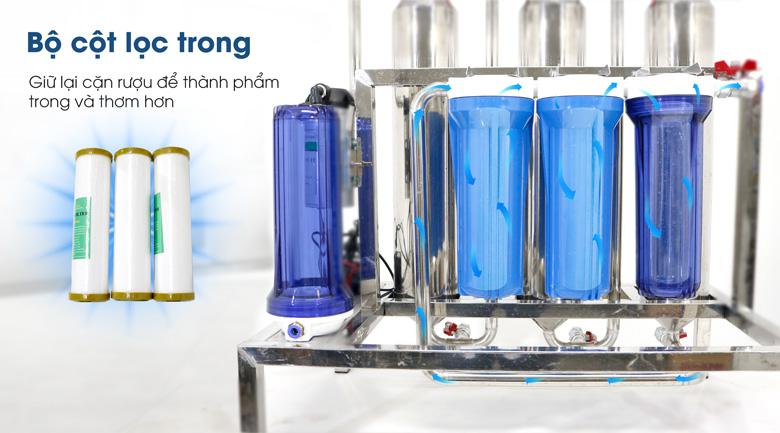 Lọc trong rượu và loại bỏ cặn nhờ 3 cột lọc trong 