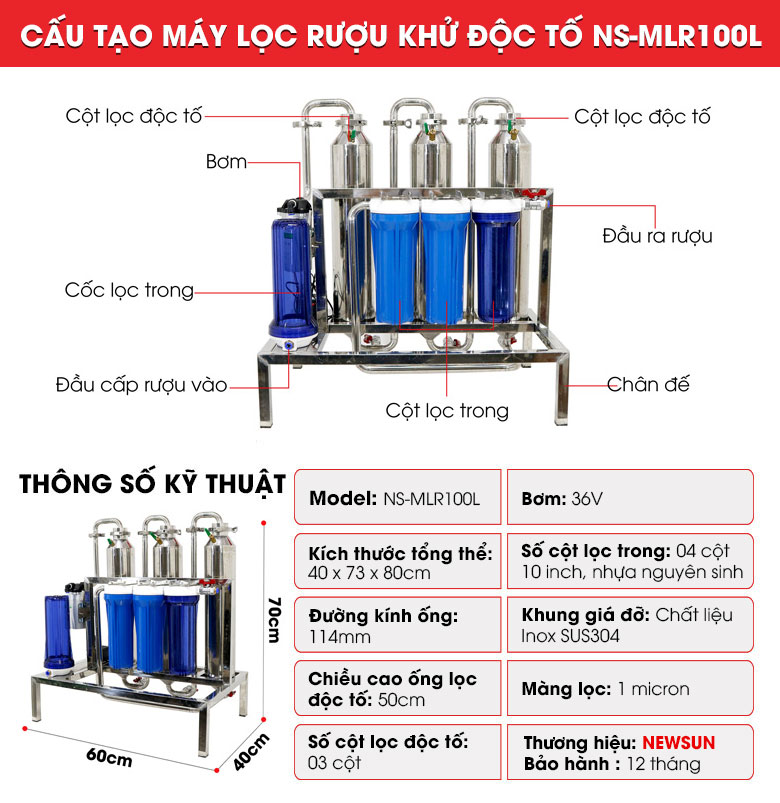 Cấu tạo máy lọc rượu khử độc tố 100 lít/h