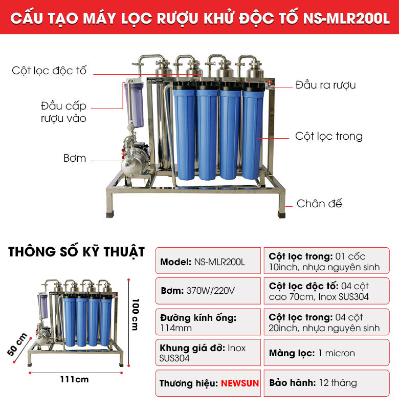 Cấu tạo máy lọc rượu khử độc tố 200 lít/giờ