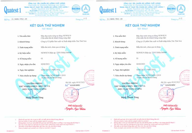 Kết quả thử nghiệm máy đun nước nóng NEWSUN Kết quả thử nghiệm máy đun nước nóng NEWSUN