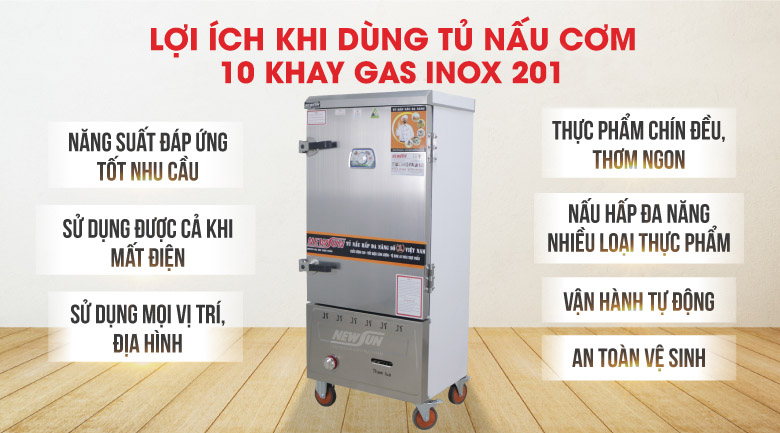 Lợi ích khi dùng tủ nấu cơm 10 khay gas Việt Nam inox 201