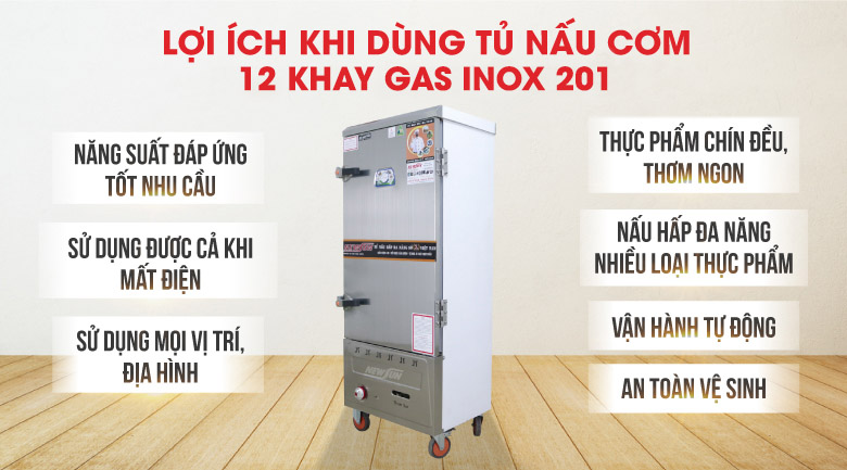 Lợi ích khi dùng tủ nấu cơm 12 khay gas Việt Nam inox 201