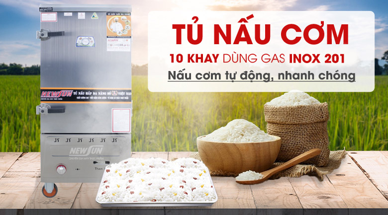 Tủ nấu cơm 10 khay dùng gas inox 201 - Hàng Việt Nam