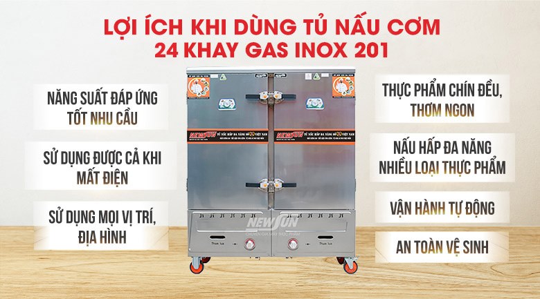 Lợi ích khi sử dụng tủ nấu cơm 24 khay dùng gas inox 201 (96kg gạo/mẻ)