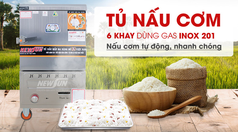 Tủ nấu cơm 6 khay dùng gas inox 201 - Hàng Việt Nam