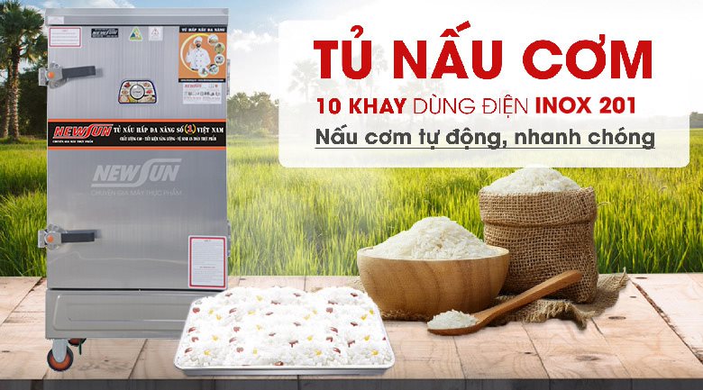 Tủ nấu cơm 10 khay dùng điện inox 201 (40kg gạo/mẻ) Tủ nấu cơm 10 khay dùng điện inox 201 (40kg gạo/mẻ)