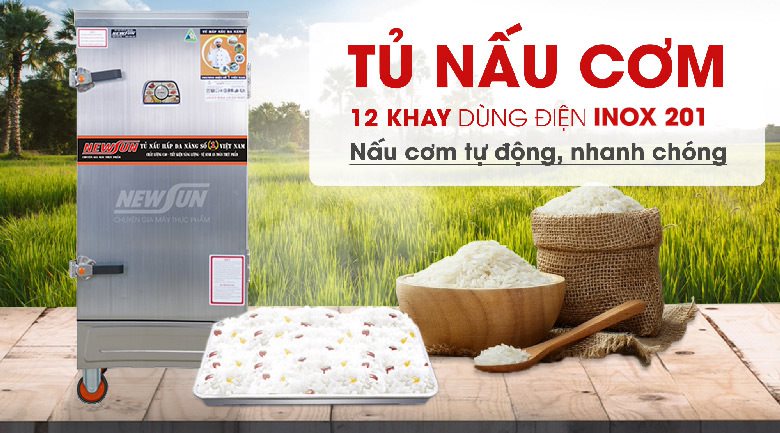 Tủ nấu cơm 12 khay dùng điện inox 201 (48kg gạo/mẻ)