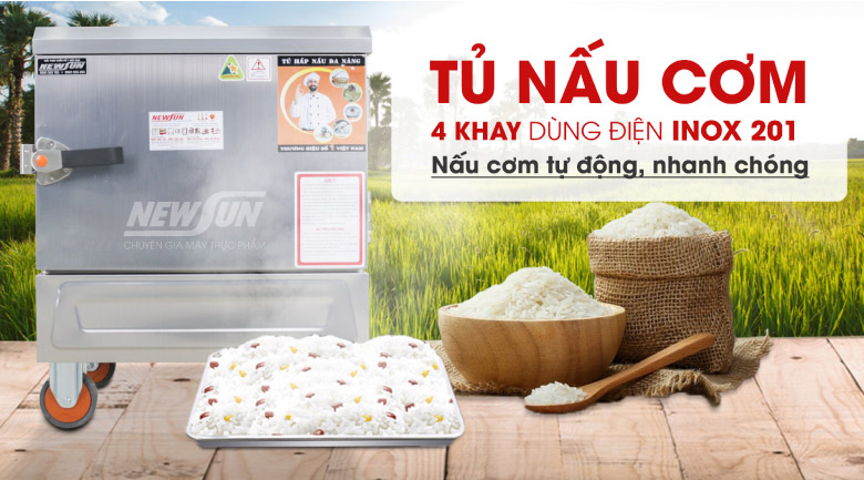 Tủ nấu cơm 4 khay dùng điện inox 201 - Hàng Việt Nam Tủ nấu cơm 4 khay dùng điện inox 201 - Hàng Việt Nam