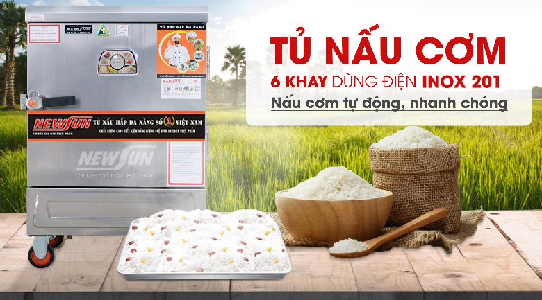 Tủ nấu cơm 6 khay dùng điện inox 201 (24kg gạo/mẻ) Tủ nấu cơm 6 khay dùng điện inox 201 (24kg gạo/mẻ)