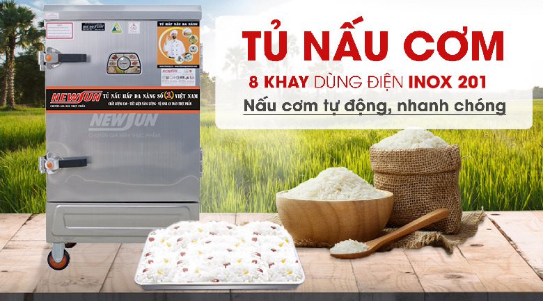 Tủ nấu cơm 8 khay dùng điện inox 201 (32kg gạo/mẻ) Tủ nấu cơm 8 khay dùng điện inox 201 (32kg gạo/mẻ)