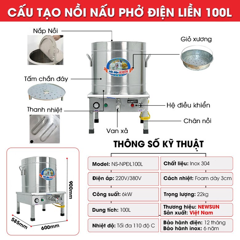 Cấu tạo nồi nấu phở điện liền nồi 100L