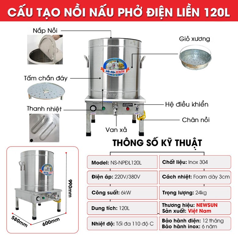 Cấu tạo nồi nấu phở điện liền nồi 120 lít