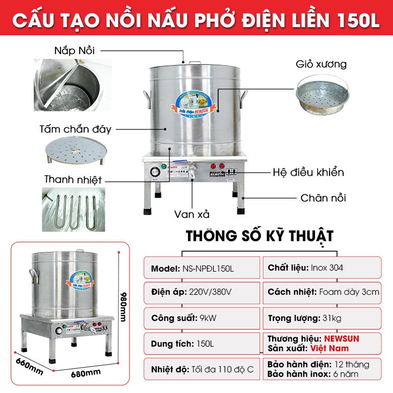 Cấu tạo nồi nấu phở điện liền nồi 150 lít