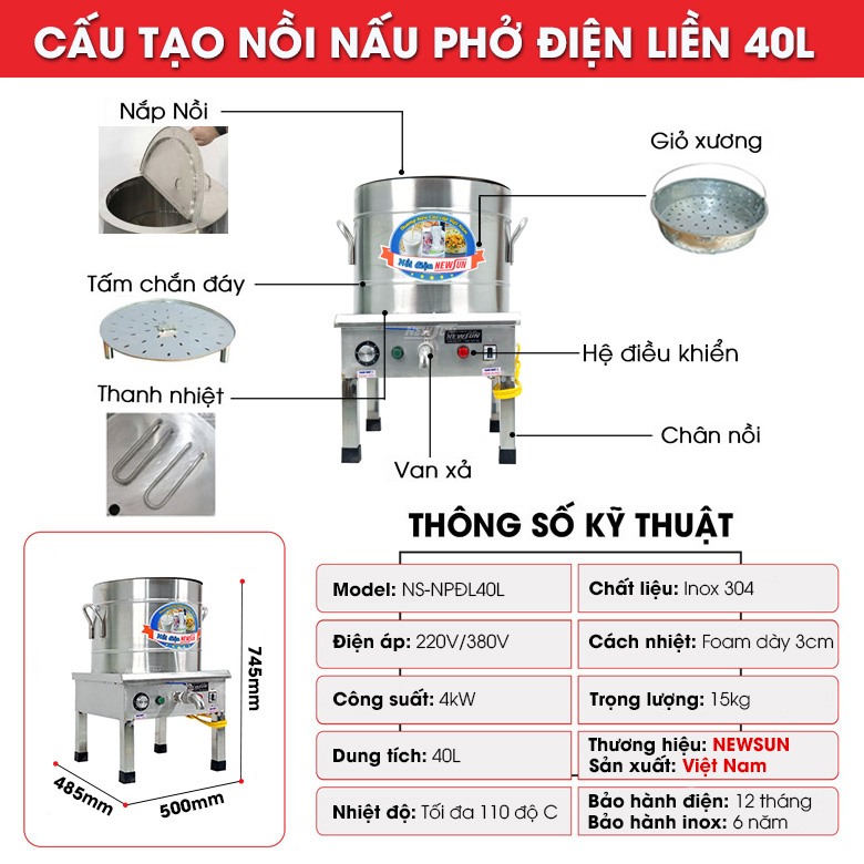 Cấu tạo nồi nấu phở điện liền 40 lít