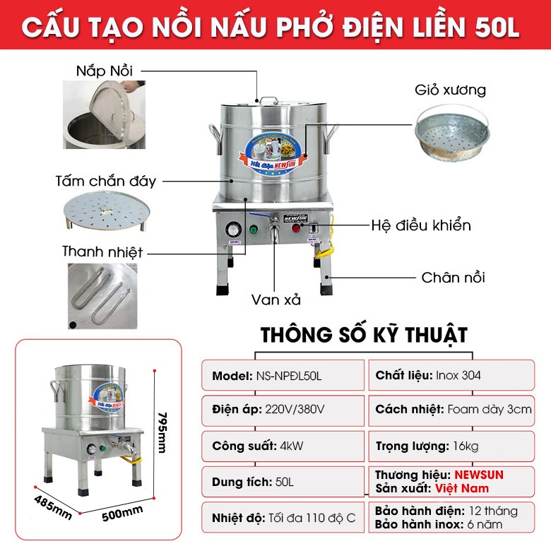 Cấu tạo nồi nấu phở điện liền 50L