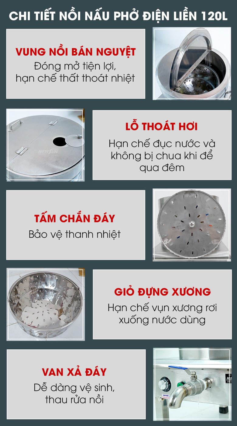 Các chi tiết nồi nấu phở bằng điện 120 lít