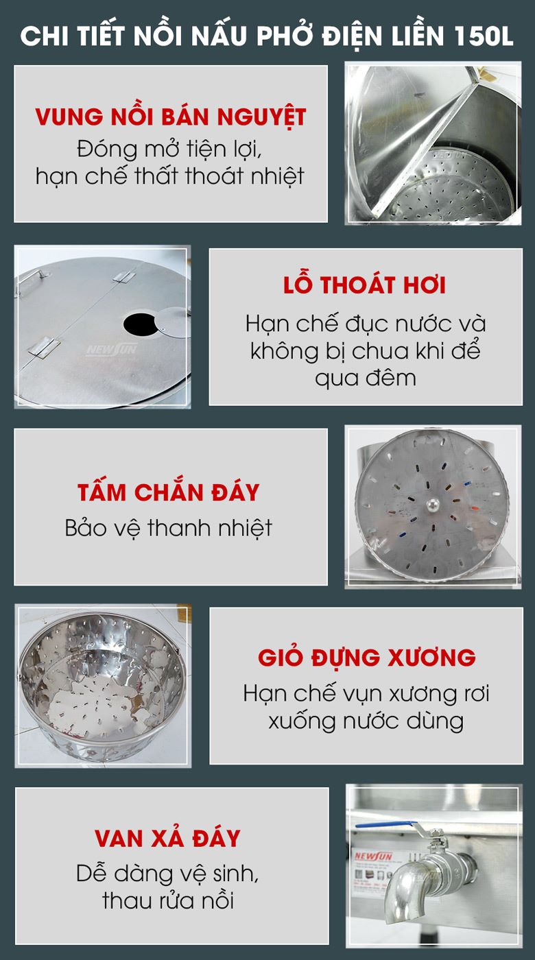 Các chi tiết nồi nấu phở bằng điện 150 lít