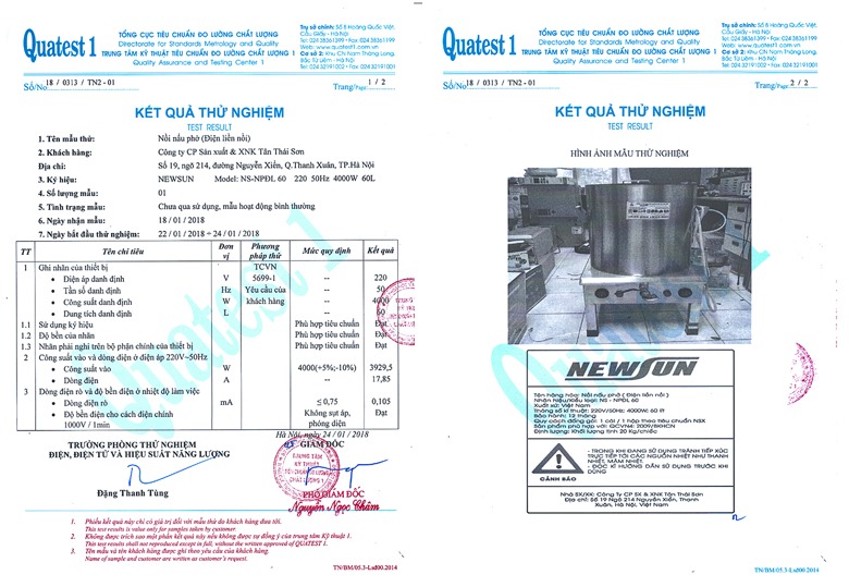 Kết quả thử nghiệm sản phẩm nồi phở điện liền NEWSUN Kết quả thử nghiệm sản phẩm nồi phở điện liền NEWSUN