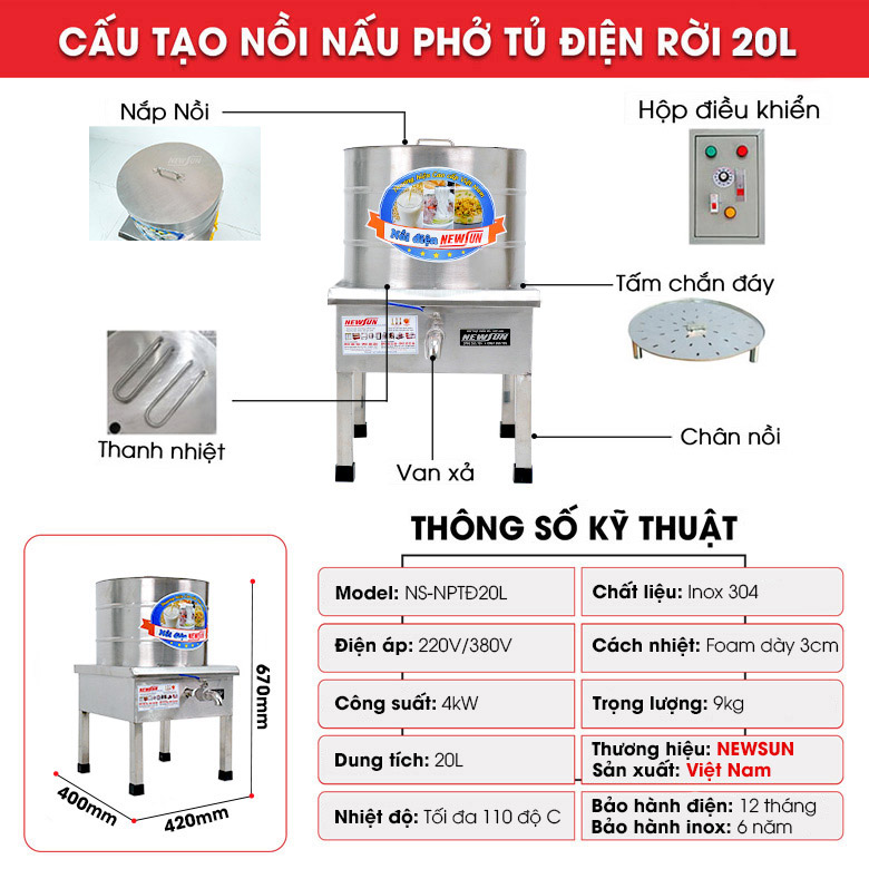 Cấu tạo nồi nấu phở bằng điện 20 lít