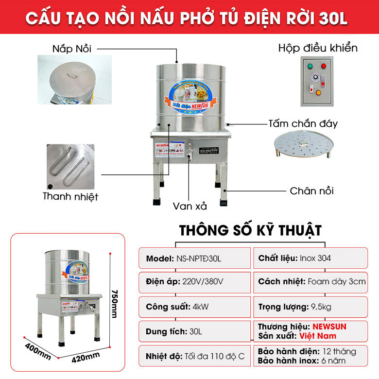 Cấu tạo nồi nấu phở tủ điện rời 30 lít
