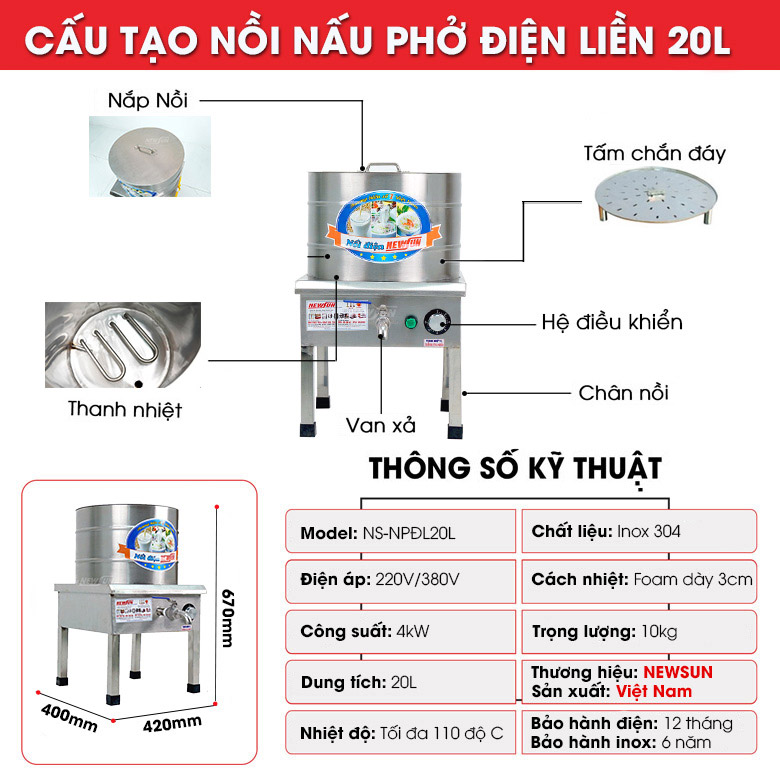 Cấu tạo nồi nấu phở điện liền 20 lít