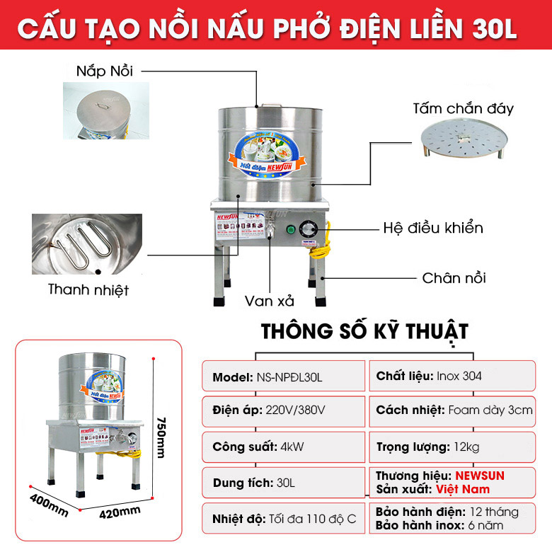 Cấu tạo nồi nấu phở điện liền nồi 30 lít