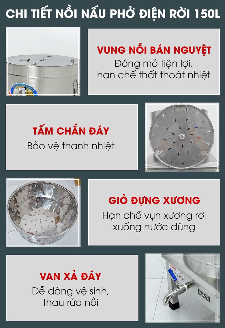 Các chi tiết nồi nấu phở bằng điện 150 lít